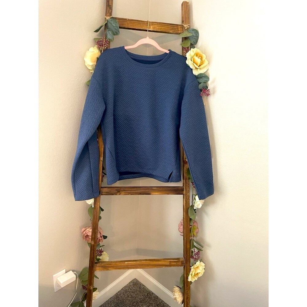 Blue Quilted Textured Long Sleeve Pullover Sweater Freely Size Medium